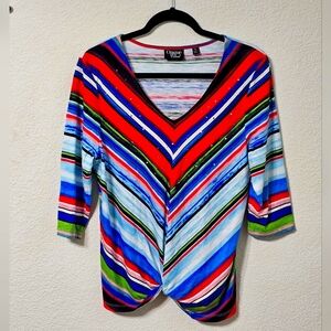 Onque Casual Blouse Womens L V Neck 3/4 Sleeve Stretch Pullover Top Colorful